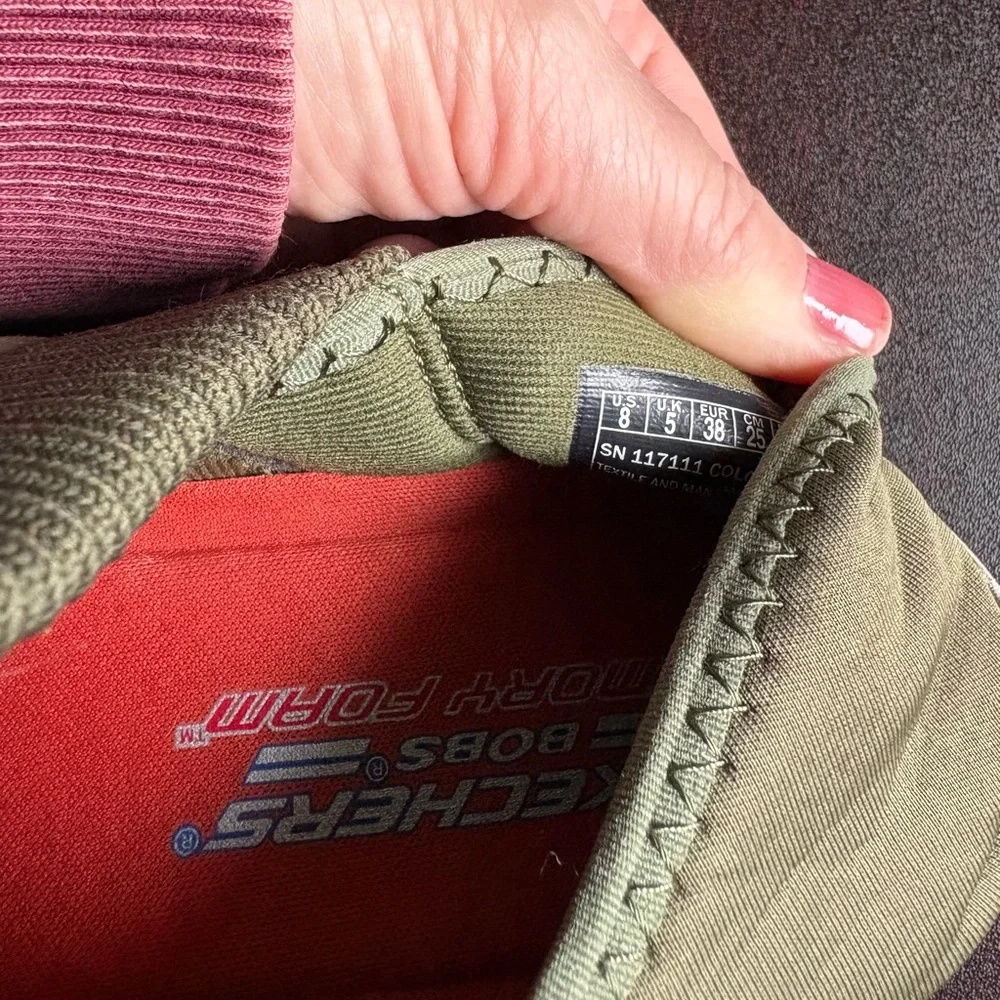Skechers Olive Green Quilted Slip-On Athletic Shoes with Red Pull Tab